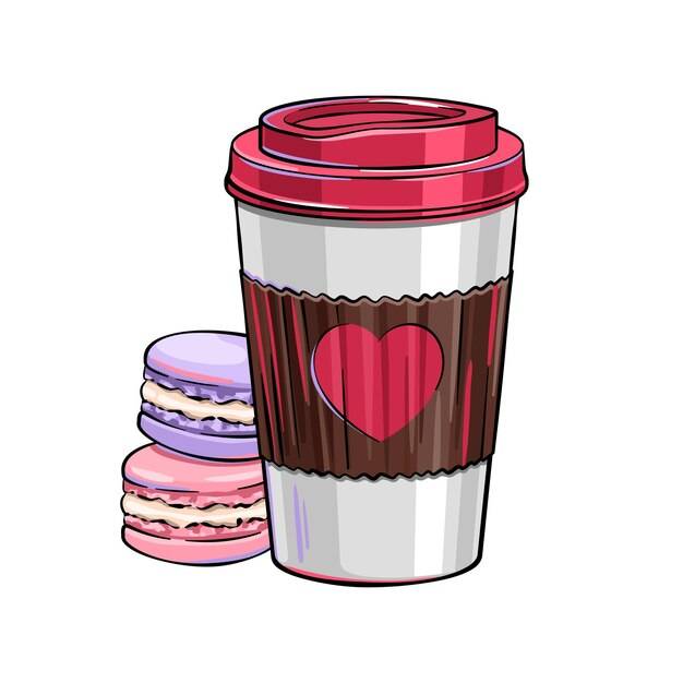Бумажный стаканчик для кофе на вынос с символом сердца, кофе с собой, макароны, десерт