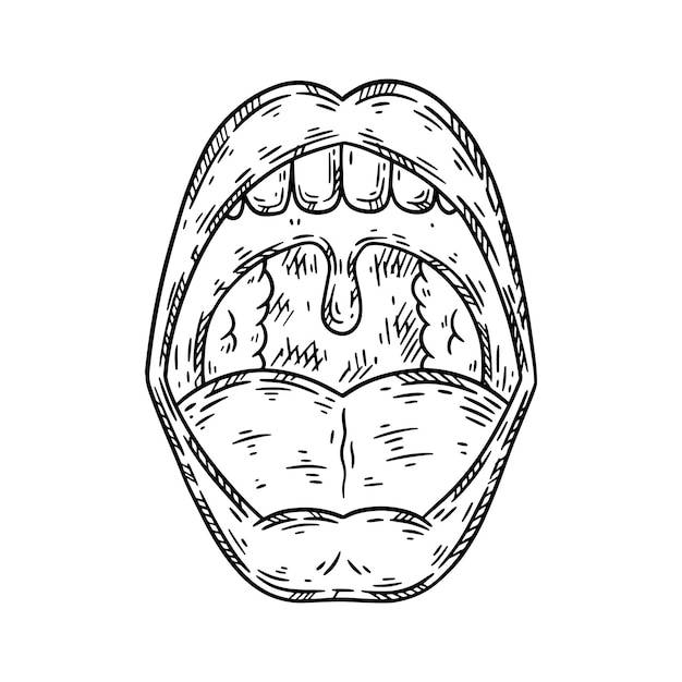 Человеческий открытый рот, нарисованный вручную вектором эскиза, изолированная иллюстрация
