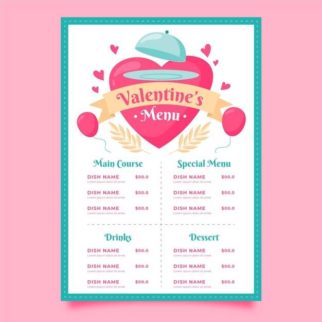 Нарисованное меню ресторана на день святого валентина