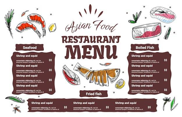 Специальный дизайн шаблона меню ресторана с нарисованной вручную иллюстрацией