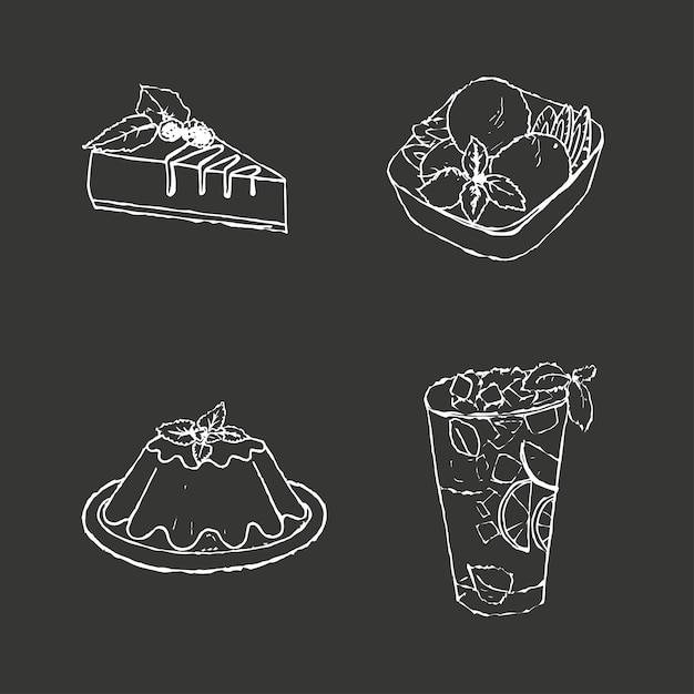 Набор десертов, нарисованных вручную на темном фоне десерты и напитки, нарисованные мелом на черной доске дизайн меню ресторана неровная текстурная кисть