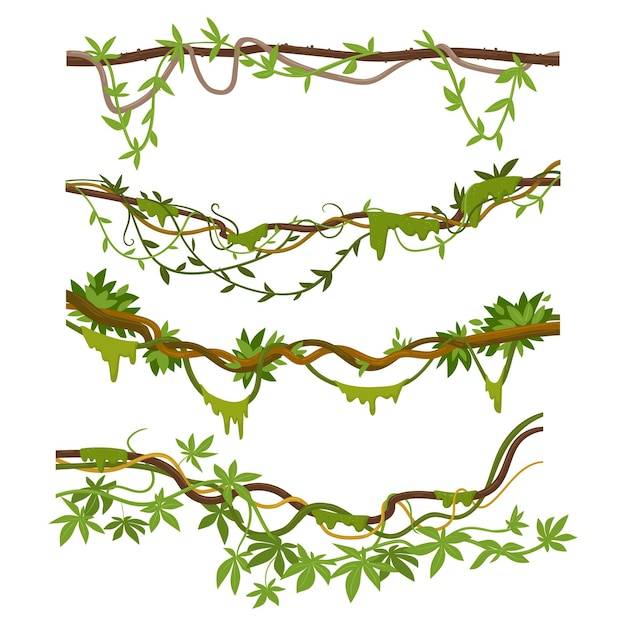 Лианы джунглей мультяшные тропические альпинистские ветки с мхом тропические лианы лозы плоские векторные иллюстрации набор