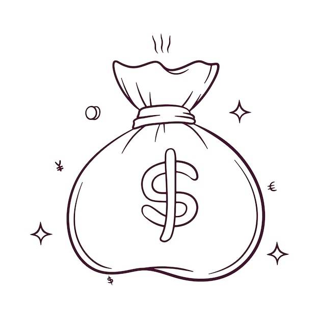 Денежный мешок в долларовой валюте, нарисованный вручную векторной иллюстрацией