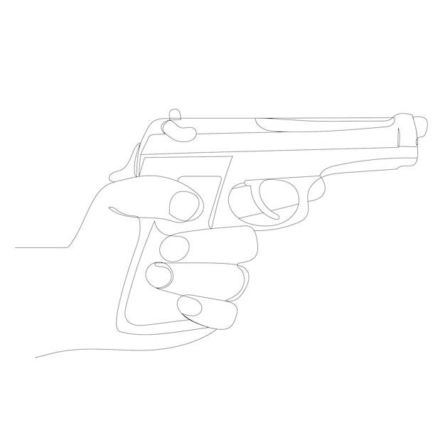 Рука с пистолетом одна непрерывная линия рисует изолированный вектор