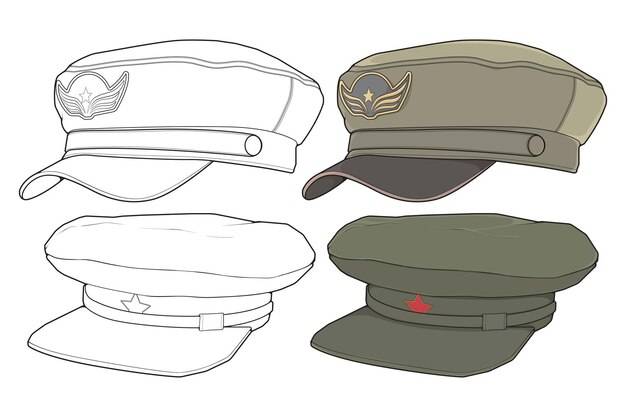 Набор векторных иллюстраций военной кепки на белом фоне вектор военной кепки для раскраски книги