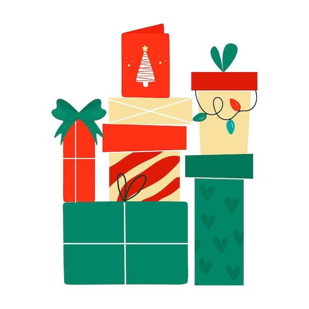 Одноручные нарисованные новогодние и рождественские подарочные коробки