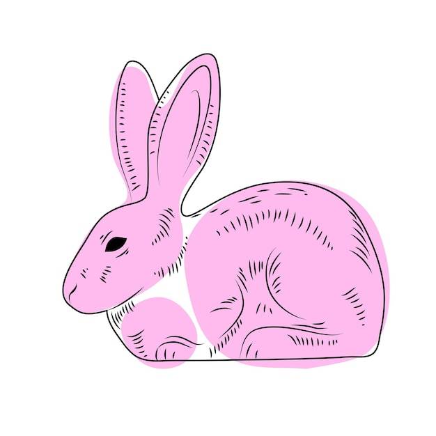 Нарисованный вручную кролик в линейном стиле с штрихами, отпечаток кролика с розовыми пятнами, модная иллюстрация на белом фоне