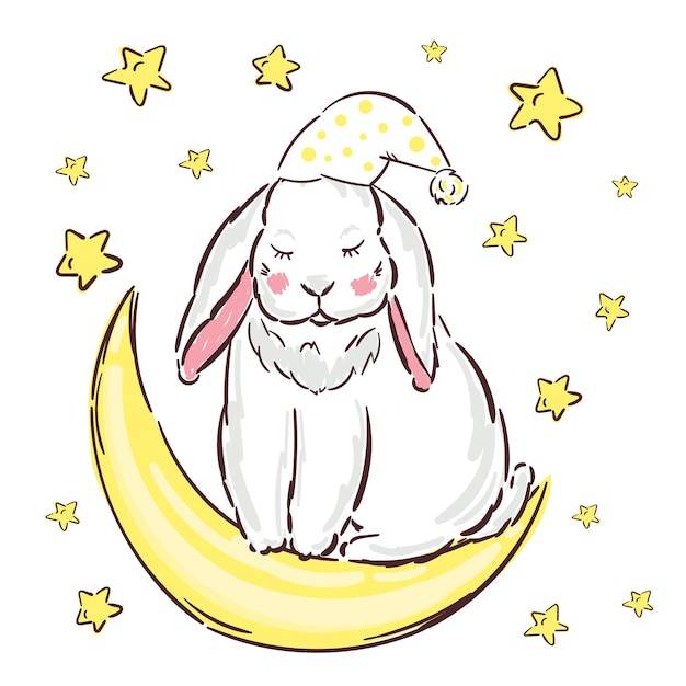 Кролик, сидящий на луне, нарисованный вручную иллюстрационный отпечаток для векторного изолированного фона открыток
