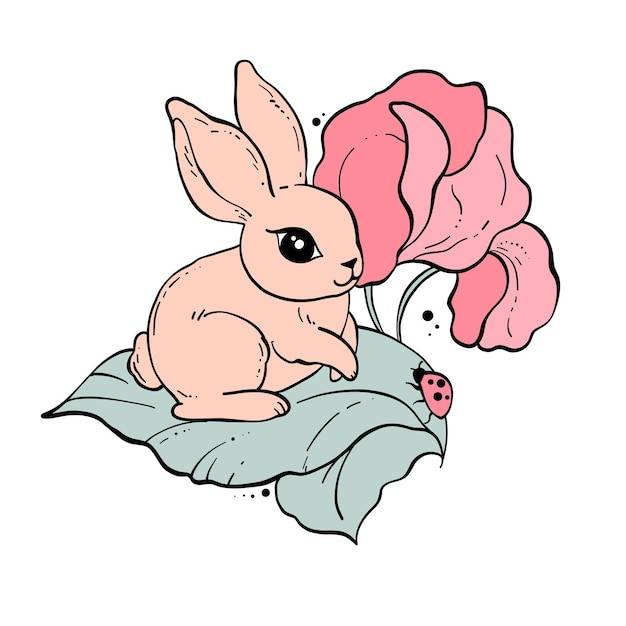 Милый кролик сидит на цветочном листе, нарисованный от руки, в стиле каракулей