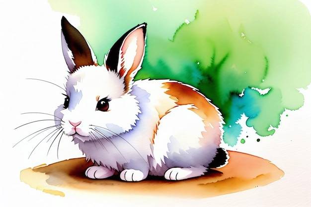 Пушистый бело-коричневый кролик, нарисованный акварелью