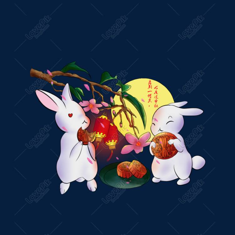 Нарисованный от руки кролик Хэ Чжунцю ест лунный пирог изображение_Фото номер