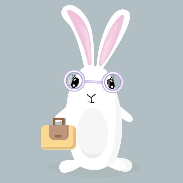Нарисованный вручную милый кролик в очках и портфеле векторной иллюстрации кролика детский дизайн печати
