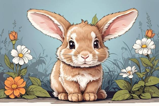 Милый кролик, нарисованный вручную, цветная эскизная иллюстрация