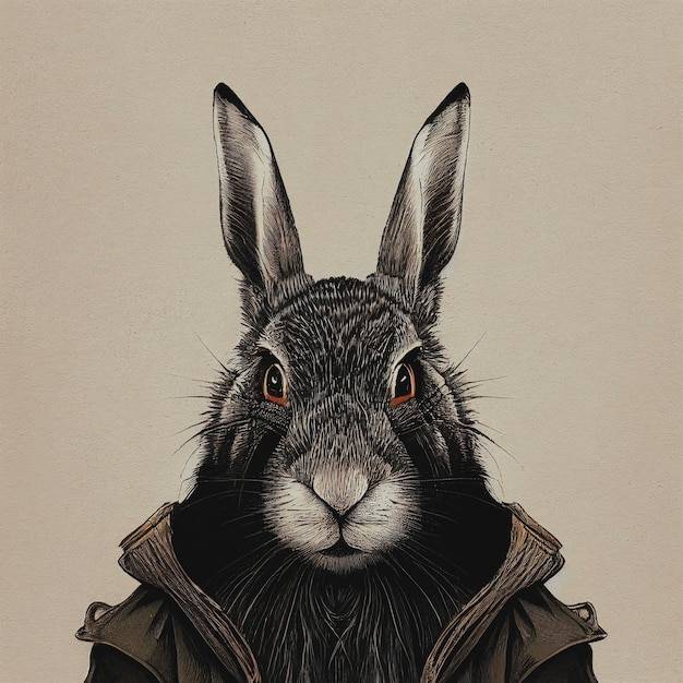Винтажный портрет кролика, нарисованный чернилами милый заяц с иллюстрацией сказки в плаще
