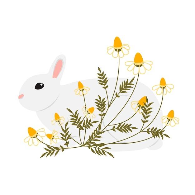 Минималистичный векторный серый кролик в ромашках полевых цветов, нарисованный в стиле каракулей