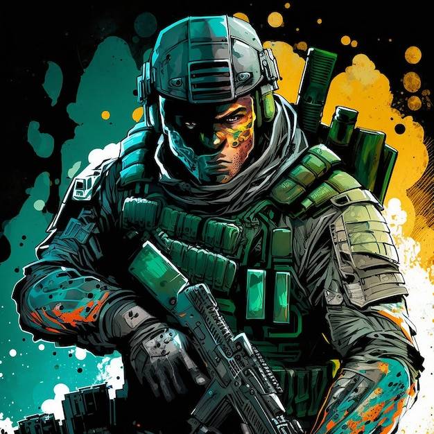 Будущий солдат с оружием в руках, нарисованный в стиле комиксов в стиле комиксов