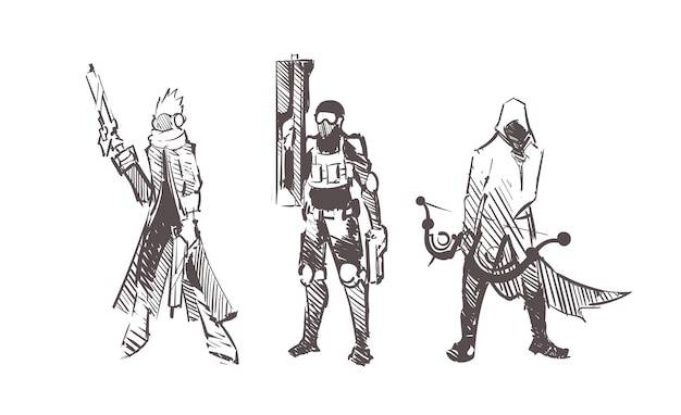 Научный стрелок, солдаты-автоматчики, лучник и стрелок, нарисованный вручную