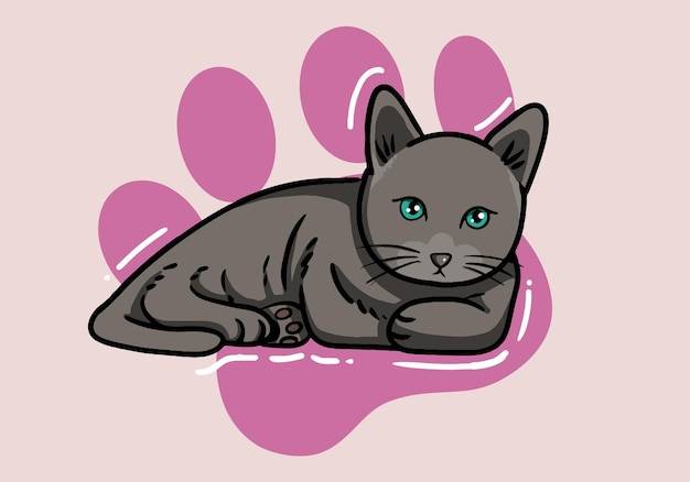 Милый нарисованный вручную серый кот с пушистым мехом и преувеличенными чертами лица милый очаровательный котенок с большими глазами
