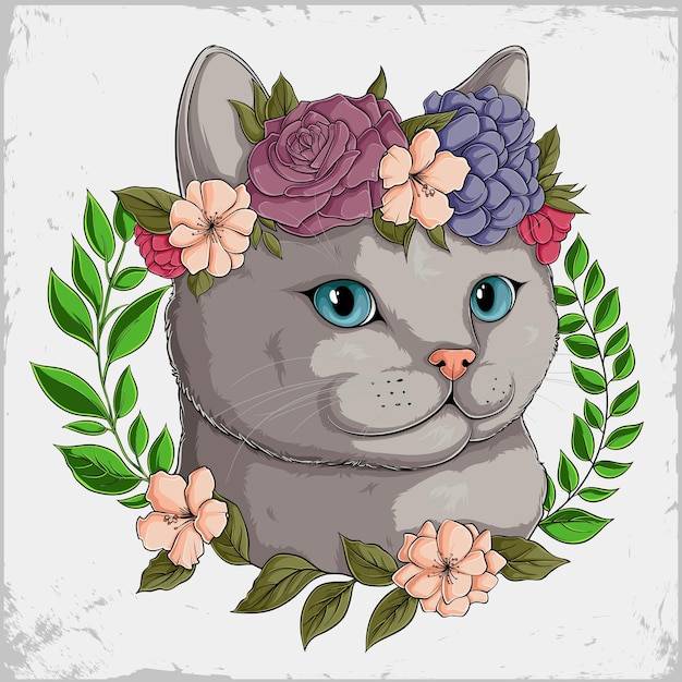 Нарисованный вручную милый серый кот с красивыми цветами на голове в красочном цветочном венке