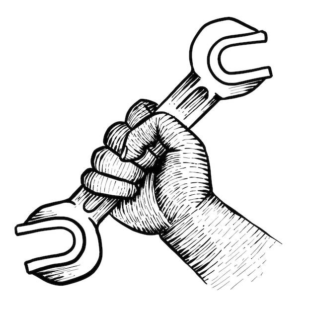 Рука держит гаечный ключ, нарисованный вручную каракули иллюстрации