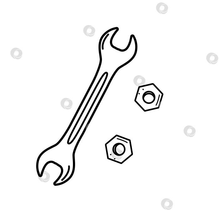Гаечный ключ и гайки, нарисованные элементы строительных инструментов, векторная иллюстрация