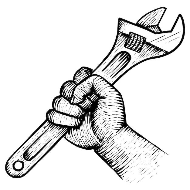 Рука держит регулируемый гаечный ключ, нарисованный вручную каракули иллюстрации