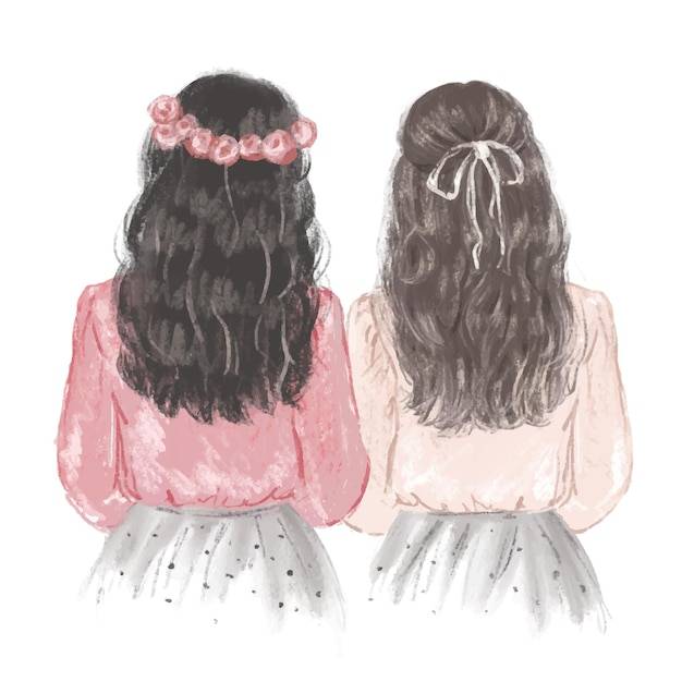 Две лучшие подруги в розовых блузках, нарисованные вручную иллюстрации