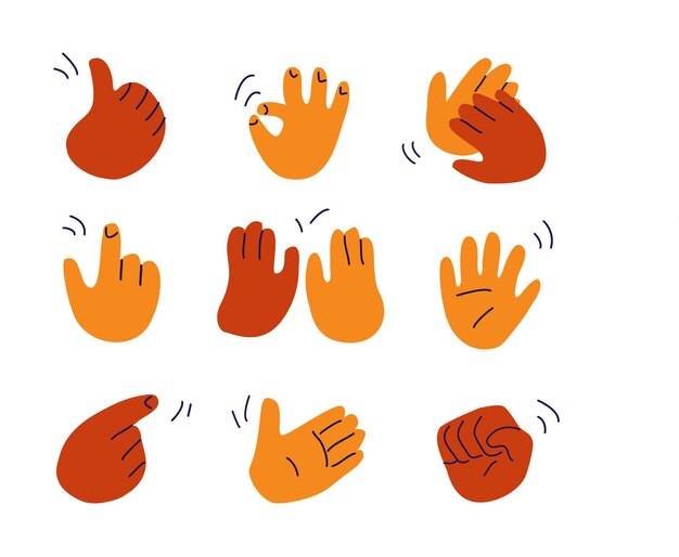 Смешные руки, нарисованные в простом стиле каракулей, изображающие разные жесты