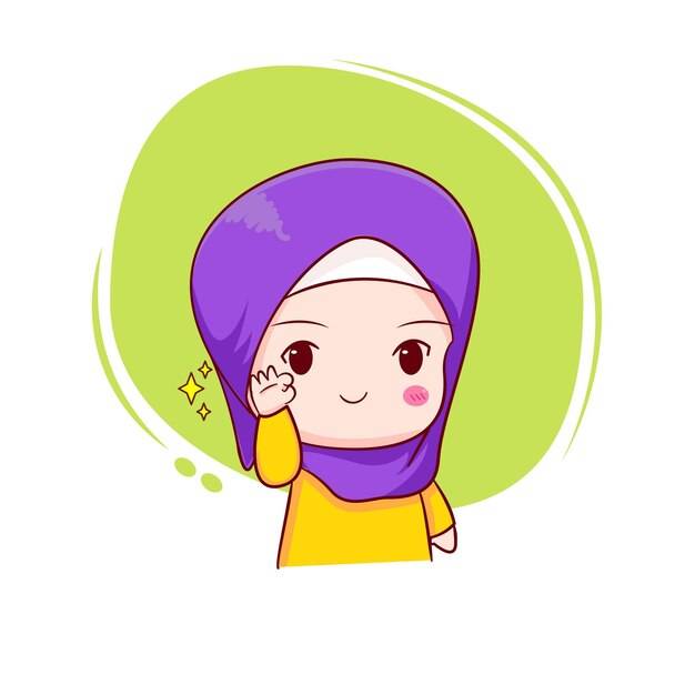 Милая мусульманка со знаком ок, нарисованная от руки мультипликационный персонаж