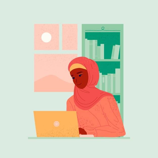 Нарисованная рукой мусульманская женщина, работающая