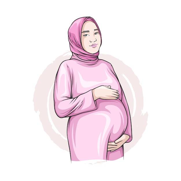 Нарисованная рукой беременная женщина в хиджабе
