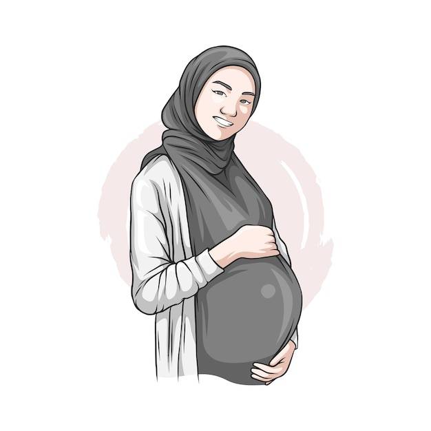 Нарисованная рукой беременная женщина в хиджабе на день матери