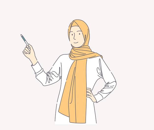 Иллюстрация женщины в хиджабе, указывающей вверх ручкой и смотрящей в камеру, нарисованная от руки
