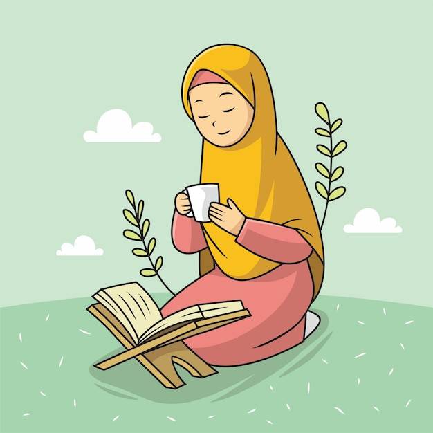 Красивая мусульманка в хиджабе читает коран, попивая кофе