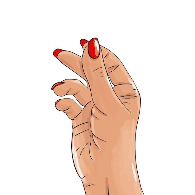 Нарисованная рукой женская белая рука с красными ногтями