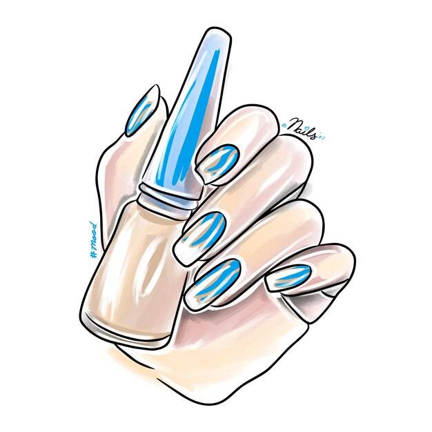 Женская рука с длинными ногтями держит лак для ногтей модный дизайн ногтей