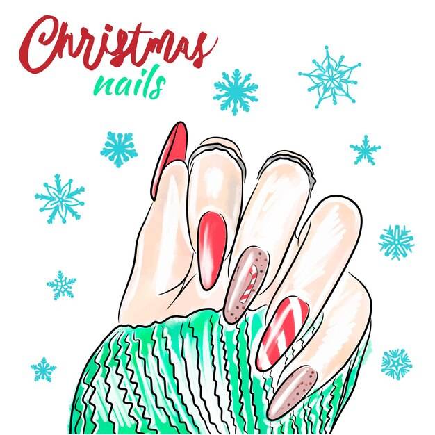 Дизайн ногтей с украшениями нарисованные от руки новогодние ногти