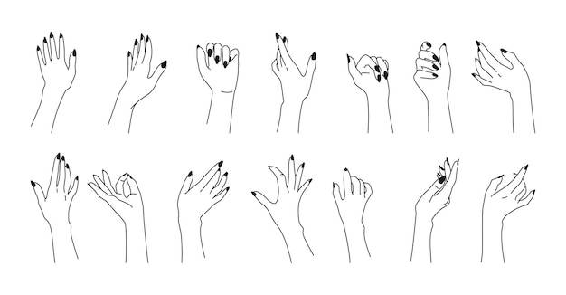 Женские ухоженные ногти рука черная линия набор, эскиз дизайн ногтей руки женщин