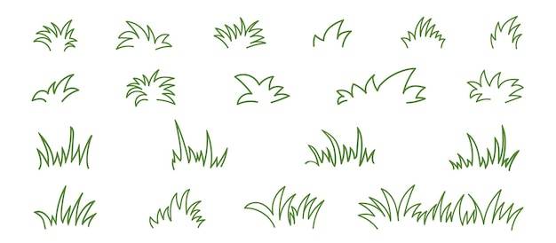 Набор каракулей с наброском зеленой травы нарисованная вручную линия векторная иллюстрация контура эскиз газонной травы в стиле линейного искусства наброски простых мультяшных каракулей