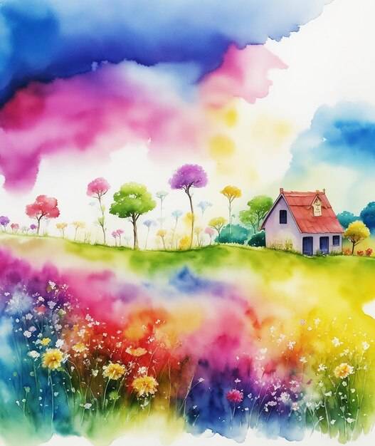 Невероятные травы цветы камни коттедж радуга пушистое облако краски на бумаге hd акварельное изображение