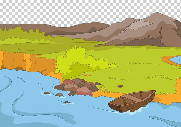 поле зеленой травы и водоем, озеро мультфильм иллюстрации, ручная роспись берега небольшой деревянной лодке, Акварельная живопись, лицо, нарисованная png