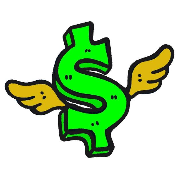 Нарисованный вручную символ доллара с иллюстрацией к крыльям, изолированной на белом