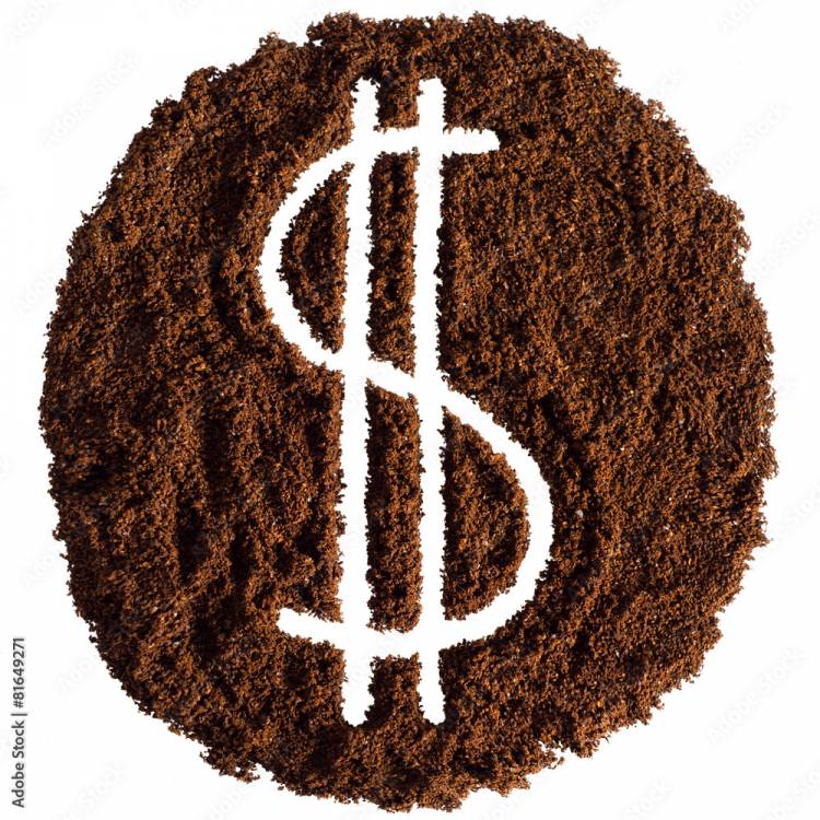 Доллар знак валюты нарисованный на молотом кофе фотография Stock