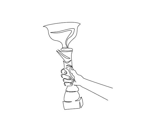Непрерывный рисунок одной линии руки, держащей кубок трофея
