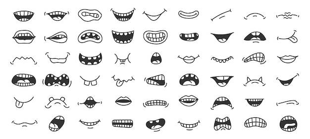 Doodle рот забавный мультяшный поп-арт улыбка гнев и страшное выражение лица с зубами и языком вектор мило нарисованный вручную изолированный набор ртов