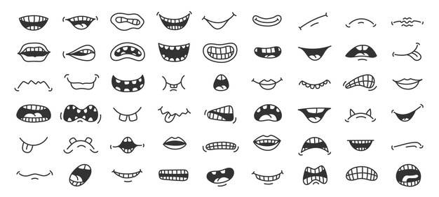Doodle рот забавный мультяшный поп-арт улыбка гнев и страшное выражение лица с зубами и языком вектор мило нарисованный вручную изолированный набор ртов