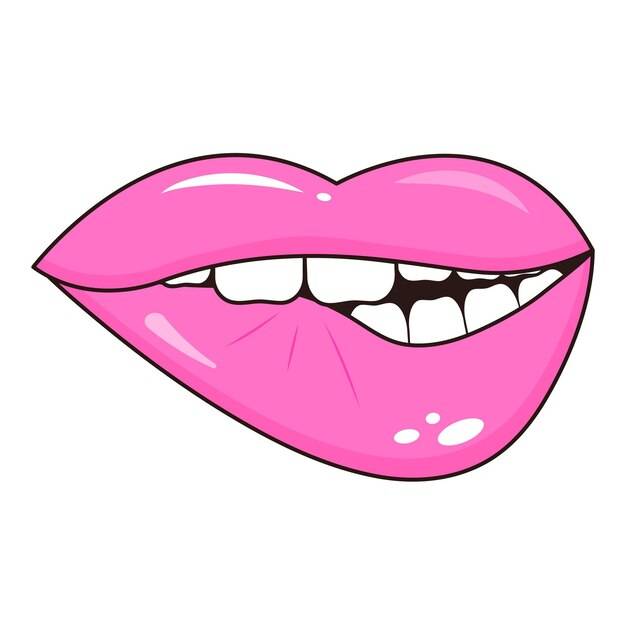 Рот кусает нижнюю губу зубами в стиле поп-арт женские сексуальные губы