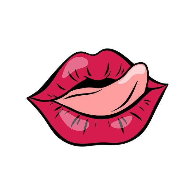 Ярко-красные женские губы в стиле ретро поп-арт рот с торчащим языком векторная иллюстрация