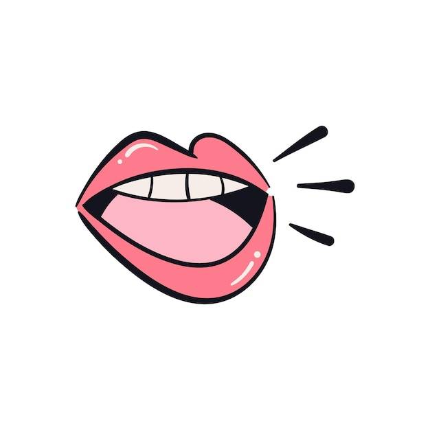 Губы рот говорящий нарисованный от руки дизайн наклейки мультфильм ретро каракули векторная иллюстрация