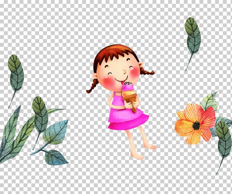Мультяшный иллюстратор, Цветы и листья, маленькая девочка ест мороженое, крем, акварель Листья, ребенок png